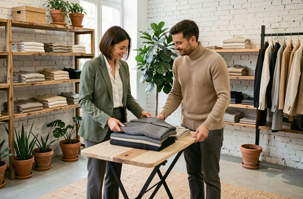 Deux collègues choisissant des tenues bureau chic décontracté dans un concept store de vêtements à Marseille