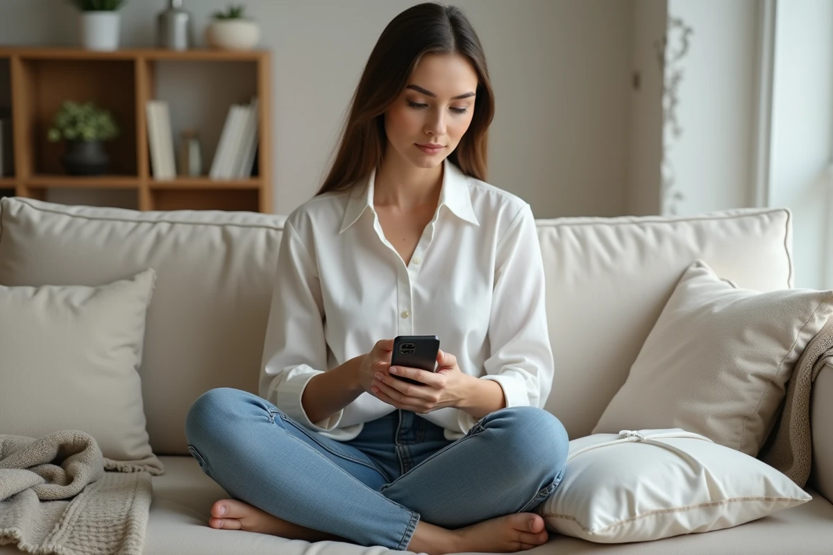 Femme consultant des avis clients sur une application mobile concernant une boutique de couture, avec un vêtement posé à côté d'elle