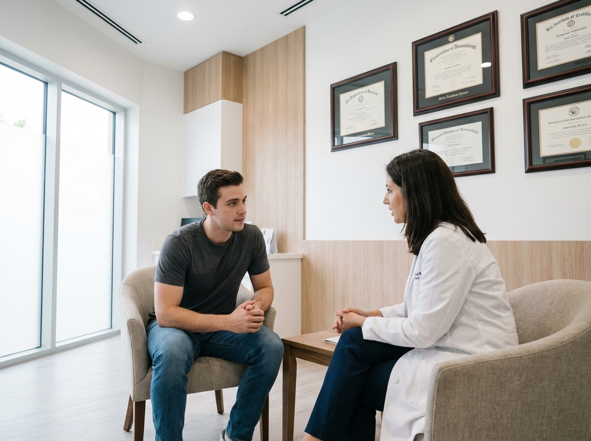 Jeune homme en consultation avec un dermatologue dans une clinique moderne