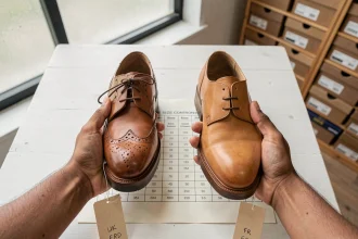 Deux chaussures en cuir, une anglaise et une française, posées sur un tableau de conversion des tailles UK et France