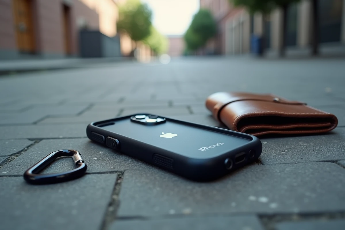 iPhone 14 Plus avec coque robuste noire posé sur du béton en extérieur, avec mousqueton et portefeuille en cuir, style vie active et urbaine
