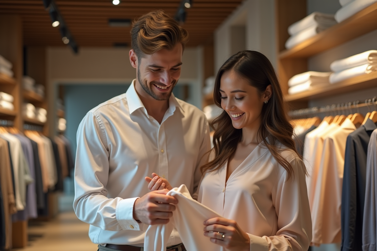 Jeune couple examinant un chemisier dans une boutique moderne