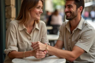 Couple échangeant des bracelets d'amour en or dans un café parisien, geste tendre et complice