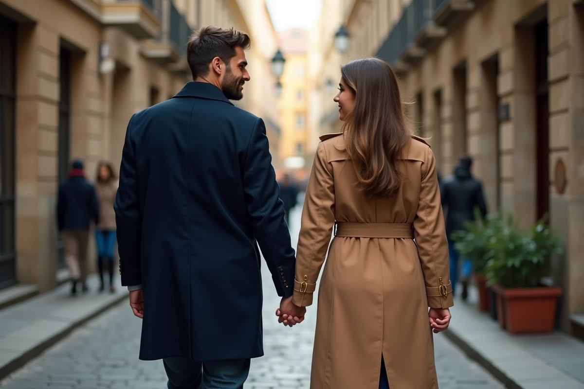 Couple se tenant la main dans une ruelle européenne pavée, bracelets d'amour assortis visibles au poignet
