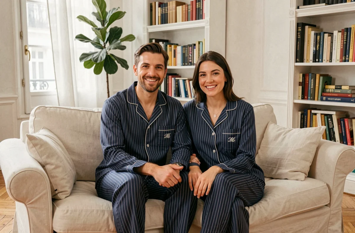 Couple portant des pyjamas personnalisés made in France avec initiales brodées dans un appartement parisien chaleureux