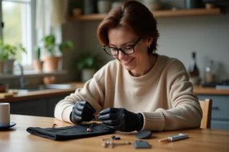 Femme appliquant du fil conducteur sur un gant en cuir noir