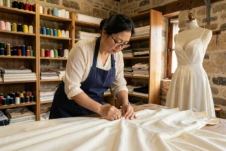 Couturière vietnamienne à Valence cousant à la main une robe de mariée en ivoire dans son atelier de retouche et couture sur mesure