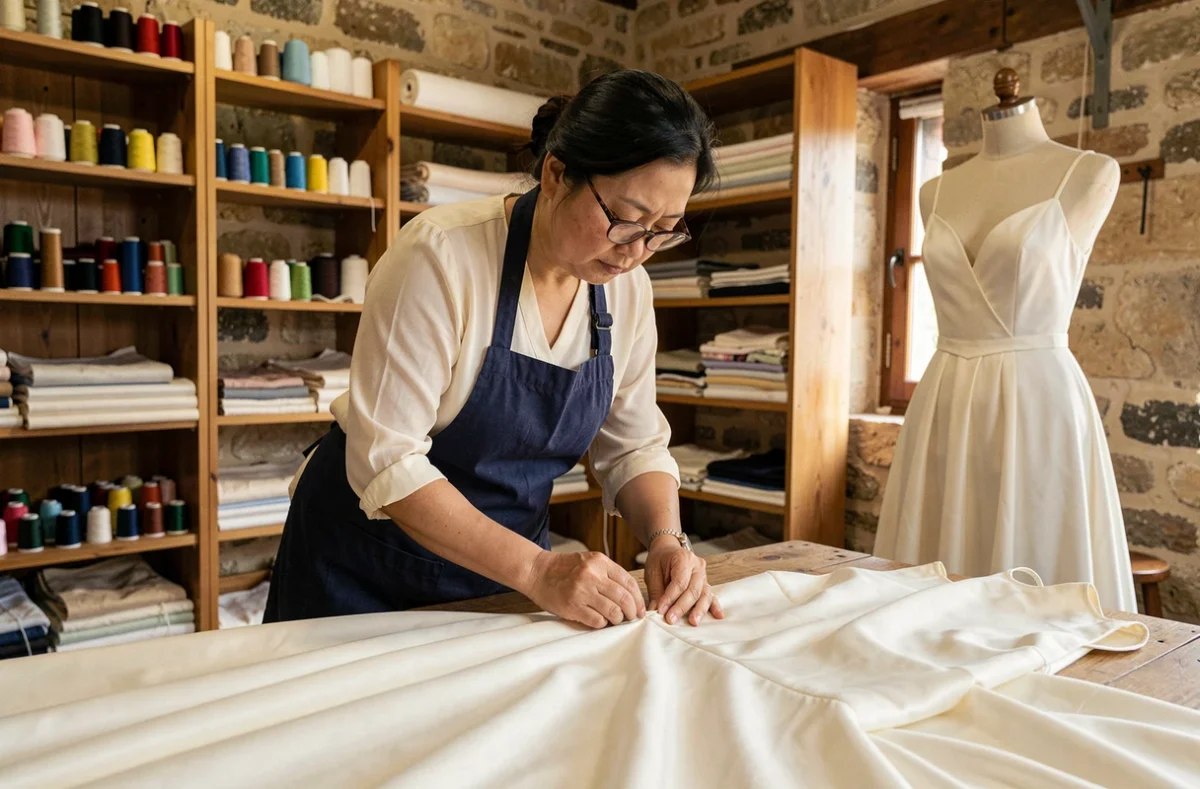 Couturière vietnamienne à Valence cousant à la main une robe de mariée en ivoire dans son atelier de retouche et couture sur mesure
