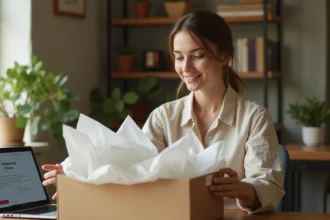 Femme déballant un colis de vêtements reçu depuis une boutique en ligne, assise à son bureau avec une expression satisfaite