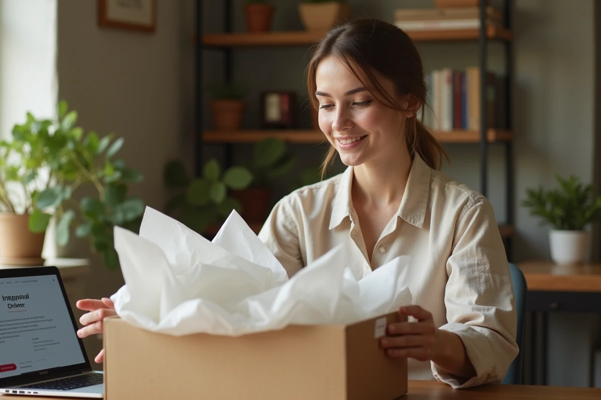 Femme déballant un colis de vêtements reçu depuis une boutique en ligne, assise à son bureau avec une expression satisfaite