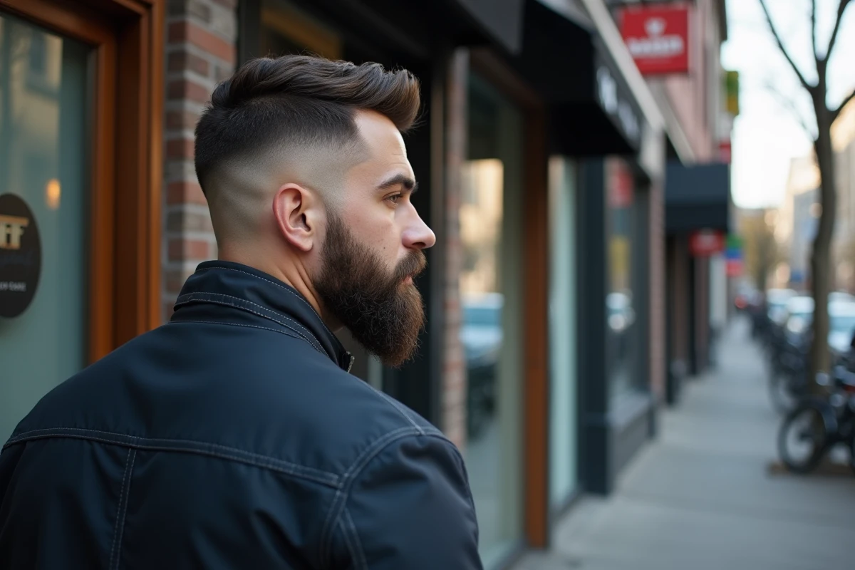 Homme jeune avec dégradé espagnole et barbe pleine dans un cadre urbain devant une vitrine de barbier