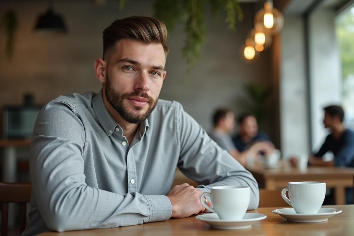 Homme avec dégradé espagnole et barbe sculptée dans un café moderne au style minimaliste