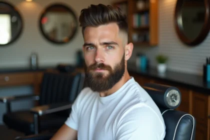 Homme avec dégradé espagnole et barbe harmonisée assis dans un fauteuil de barbier moderne