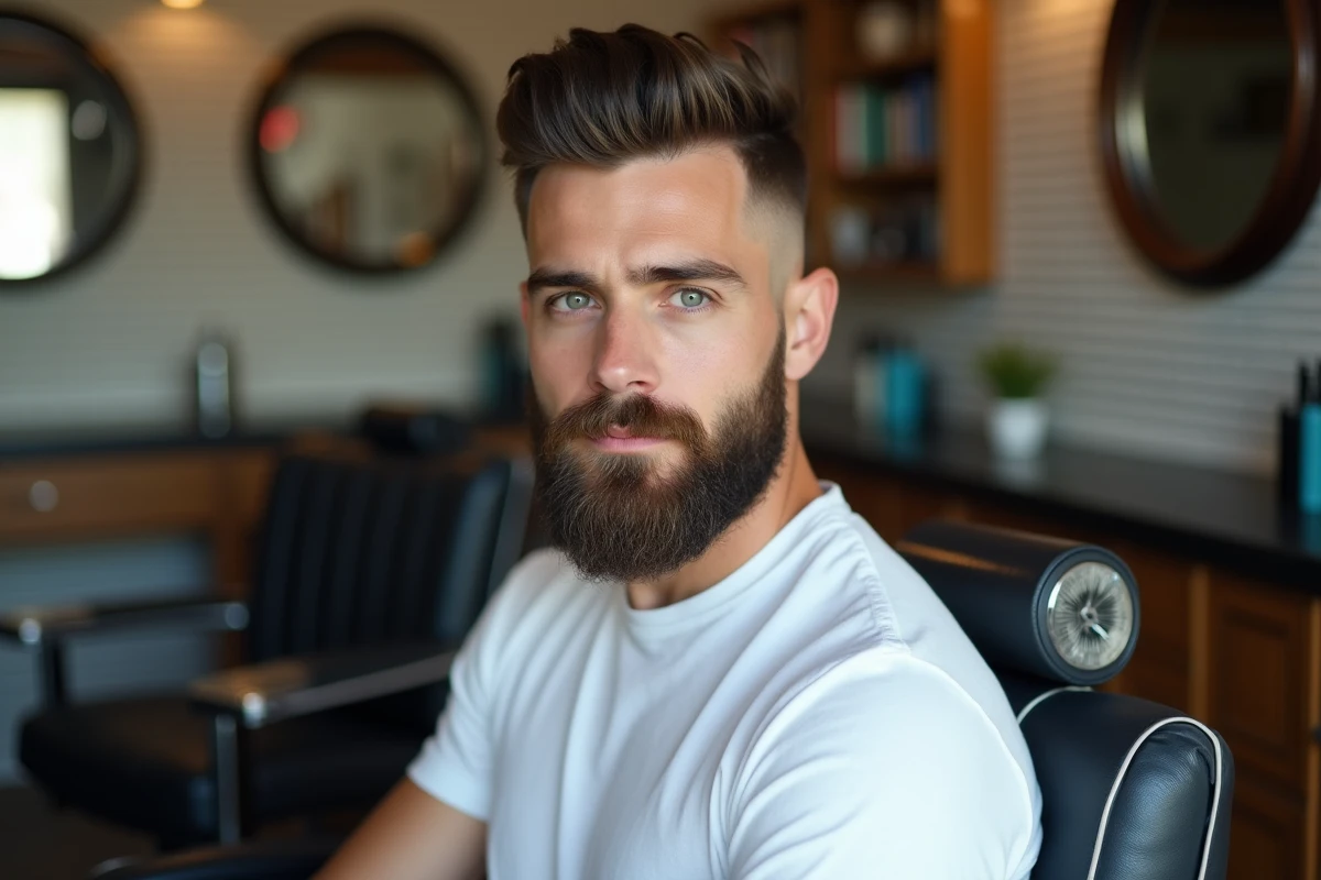 Homme avec dégradé espagnole et barbe harmonisée assis dans un fauteuil de barbier moderne
