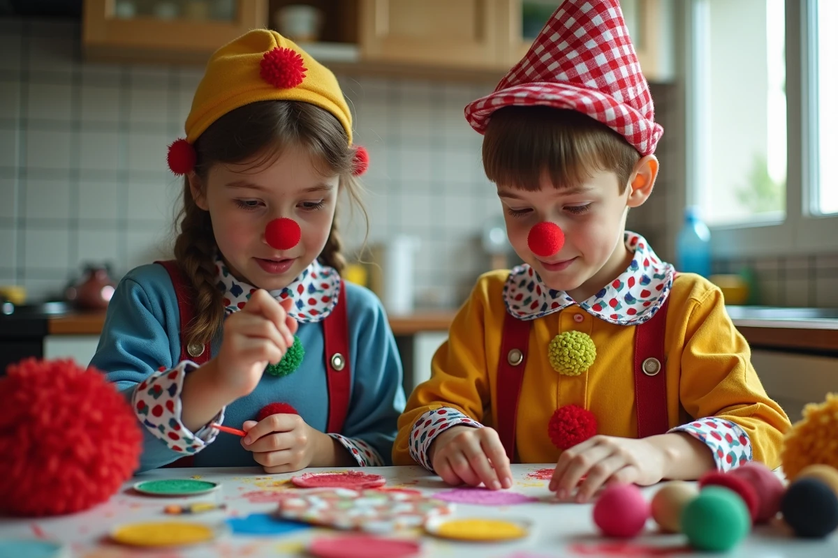 Deux adolescents en train de fabriquer leurs déguisements de clown de cirque faits maison autour d'une table de cuisine avec peintures et tissus colorés