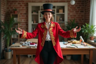 Femme déguisée en maître de piste fait maison avec redingote rouge et chapeau haut-de-forme, entourée de matériaux de couture dans un salon chaleureux