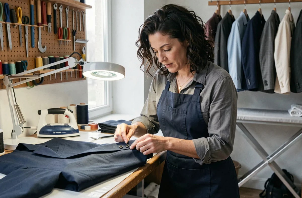 Retoucheuse finalisant à la main le revers d'un costume dans l'atelier Delest Couture à Bordeaux