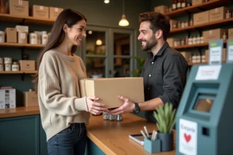 Femme déposant un colis Vinted au comptoir d'un point relai en épicerie de quartier