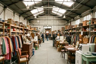 Vue d'ensemble d'un grand dépôt-vente en Seine-Saint-Denis avec vêtements, meubles et objets d'occasion