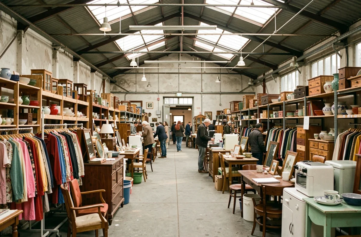 Vue d'ensemble d'un grand dépôt-vente en Seine-Saint-Denis avec vêtements, meubles et objets d'occasion
