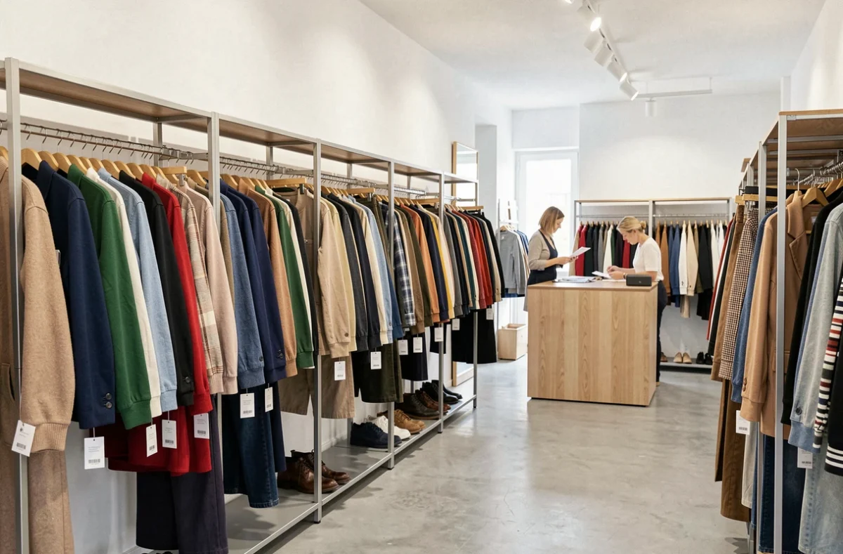 Intérieur d'un dépôt-vente bien organisé à Strasbourg avec vêtements triés et étiquettes prix professionnelles