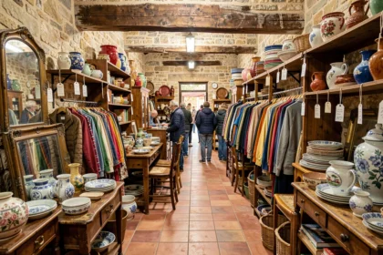 Intérieur animé d'un dépôt-vente en Occitanie avec meubles vintage, vêtements et brocante