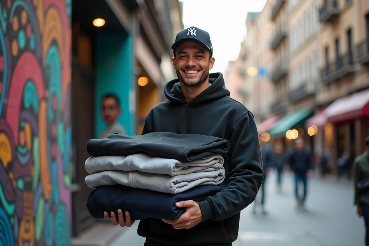 Jeune designer urbain avec sweatshirts en ville