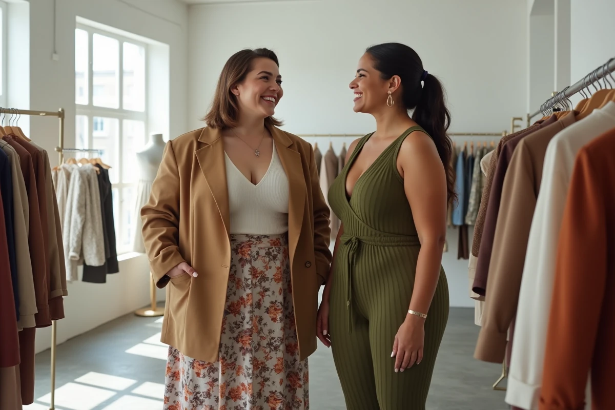 Deux femmes aux formes assumées dans un showroom mode minimaliste, collection inclusive automne-hiver 2026