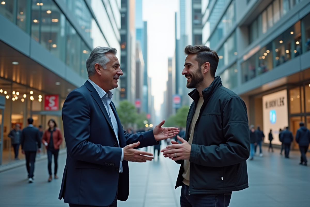 Deux hommes discutant devant un bâtiment urbain futuriste