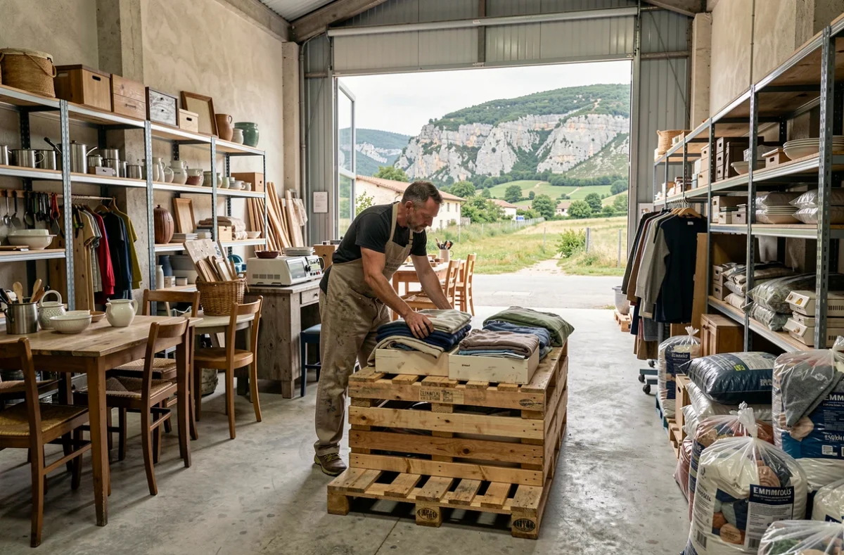 Bénévole travaillant dans l'entrepôt de l'Emmaüs de Millau avec meubles et objets donnés