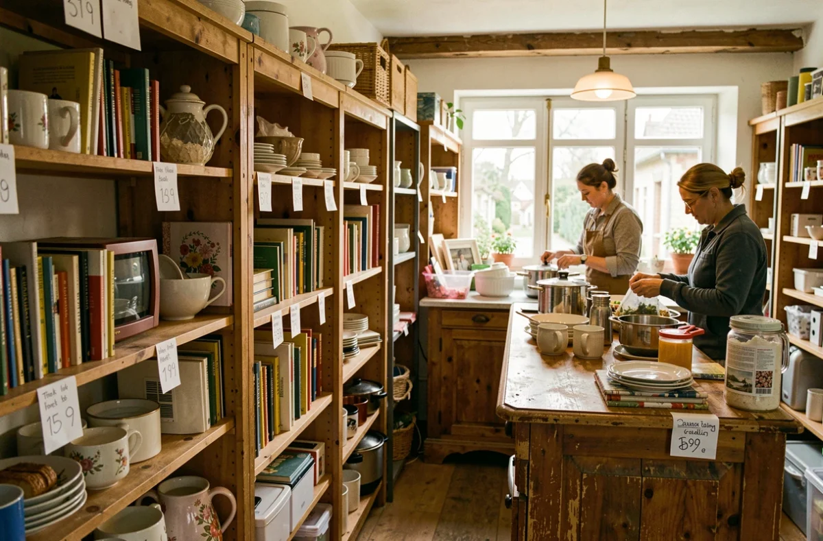 Intérieur de la boutique Emmaüs de Neuilly-Plaisance avec objets du quotidien donnés et bénévoles