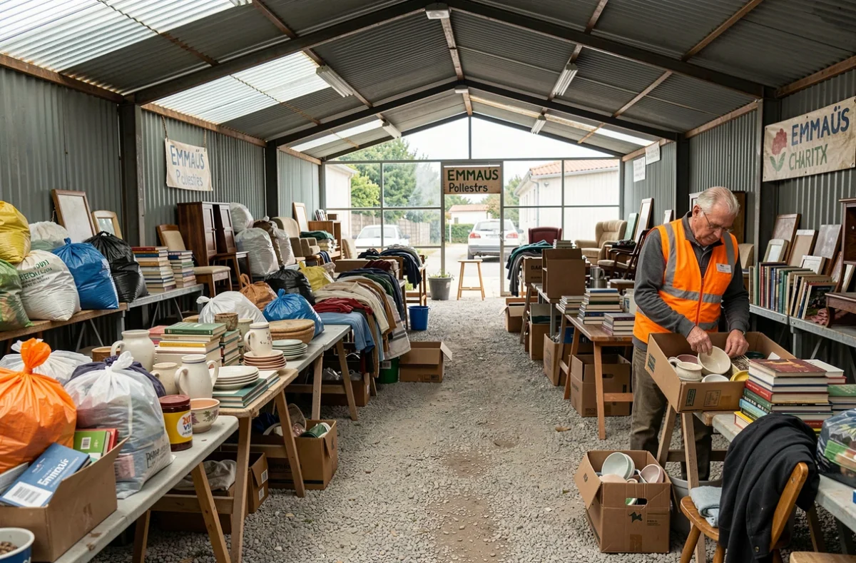 Bénévole d'Emmaüs Perpignan à Pollestres triant des dons parmi meubles et vêtements