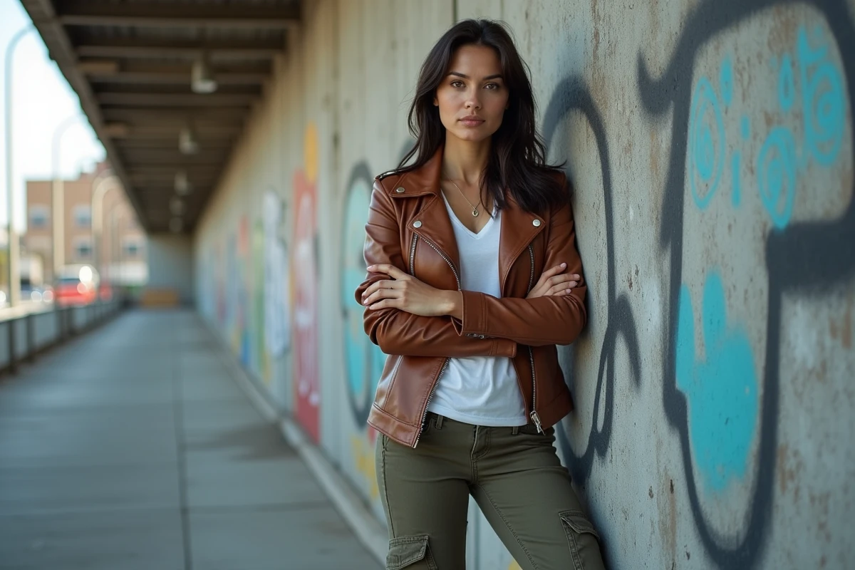 Femme grande en veste en cuir et cargo pants devant un mur de street art urbain, photographie de mode streetwear mettant en valeur la stature et les proportions