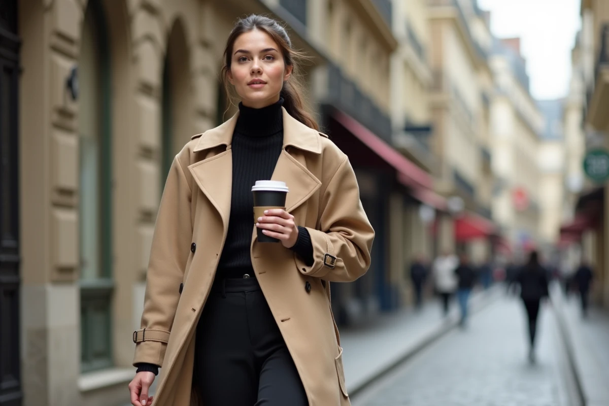 Grande femme en manteau trench beige et pantalon large marchant sur un boulevard parisien, look streetwear chic soulignant la morphologie longiligne
