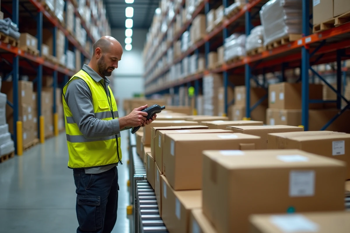 Entrepôt logistique de distribution de vêtements avec un employé scannant des cartons de commandes sur un tapis roulant avant l'expédition en usine