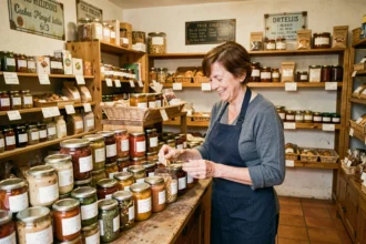 Commerçante locale dans une épicerie artisanale de Givors présentant des produits régionaux sur un comptoir en bois