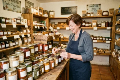 Commerçante locale dans une épicerie artisanale de Givors présentant des produits régionaux sur un comptoir en bois