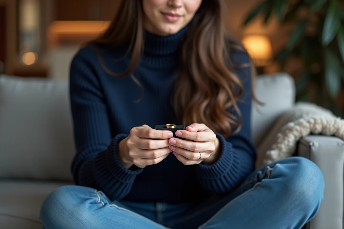 Jeune femme essayant une bague pour mesurer son tour de doigt sur un canapé, méthode approximative à éviter
