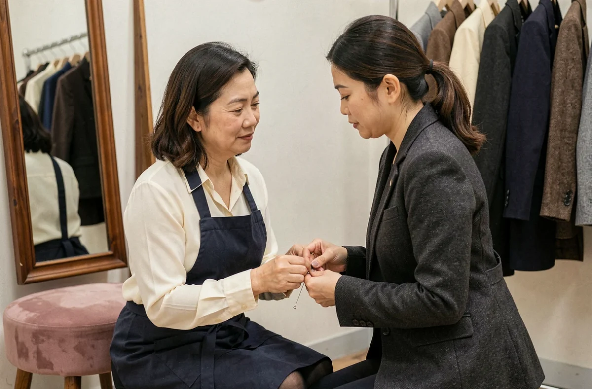 Essayage et retouche de veste sur mesure dans l'atelier de Xuan couturière à Valence, consultation personnalisée avec une cliente