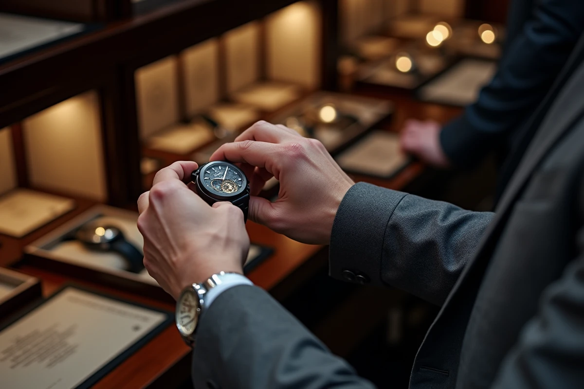 Homme en costume examinant attentivement une montre de luxe tourbillon dans une boutique horlogère haut de gamme