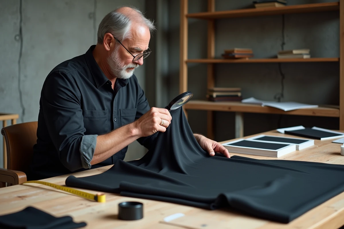 Expert textile analysant la structure d'un échantillon de spandex durable à la loupe dans un atelier professionnel