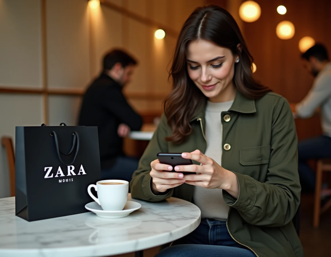 Femme consultant l'application bancaire sur smartphone avec un sac ZARA pour signaler un litige de paiement
