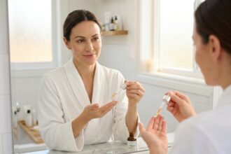 Femme appliquant un sérum rétinol sur son visage devant un miroir de salle de bain en marbre blanc
