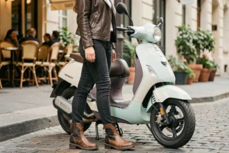 Femme en bottes moto protectrices debout à côté de son scooter pastel sur un trottoir parisien en pavés