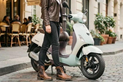 Femme en bottes moto protectrices debout à côté de son scooter pastel sur un trottoir parisien en pavés