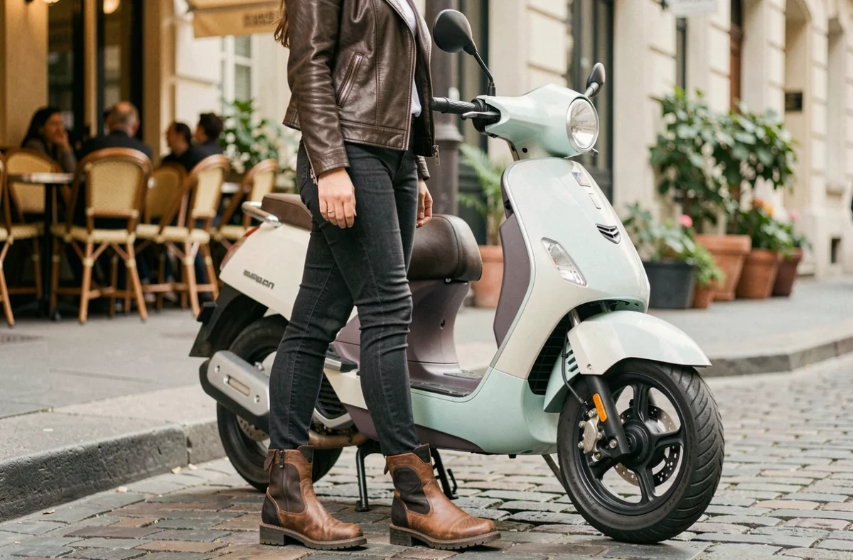 Femme en bottes moto protectrices debout à côté de son scooter pastel sur un trottoir parisien en pavés