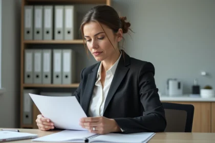 Femme en blazer dans un bureau municipal en train de lire des documents