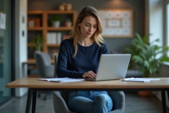 Femme concentrée travaillant sur son ordinateur dans un bureau moderne