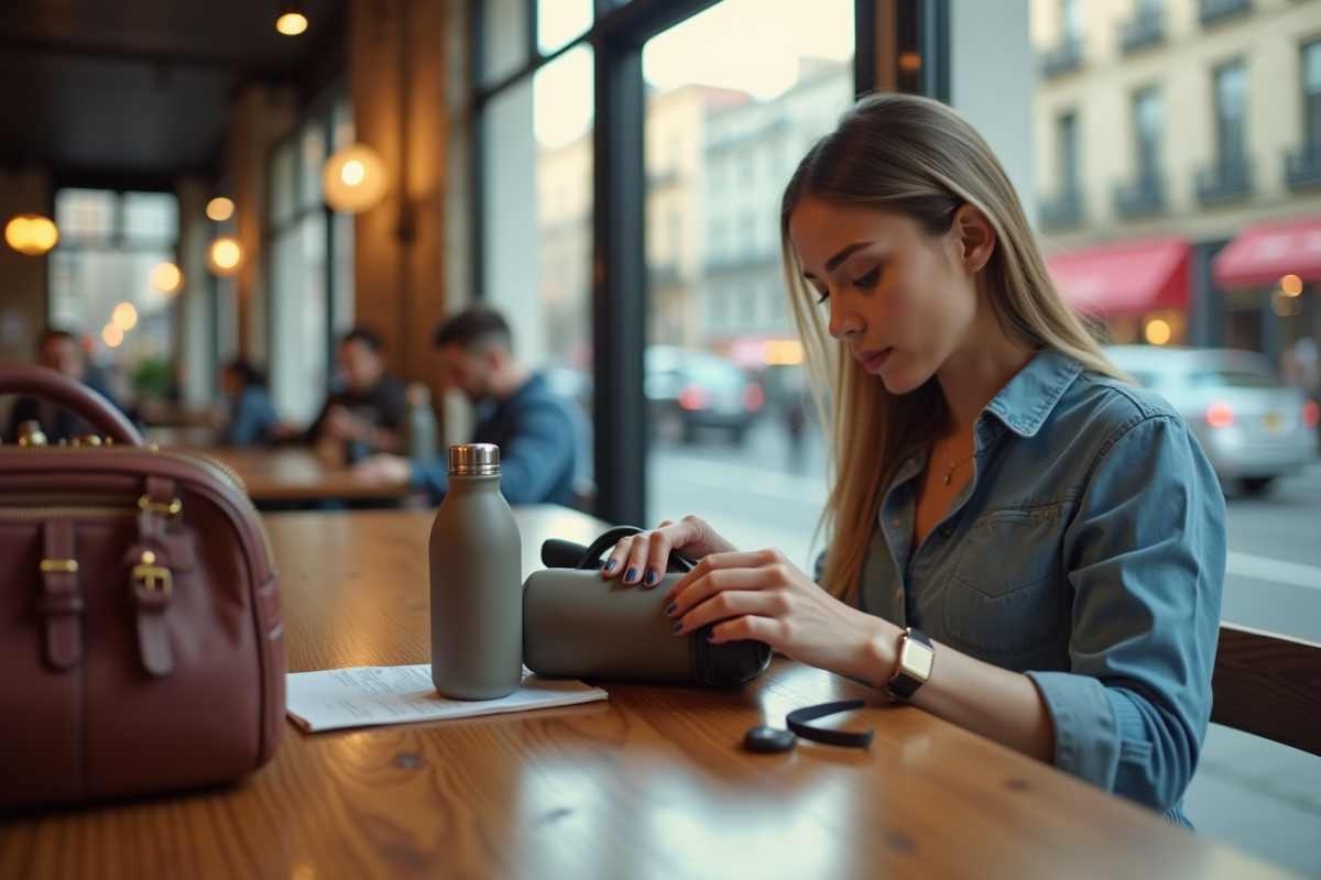 Femme au café urbain avec sac et accessoires naturels
