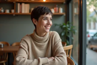 Femme avec coupe pixie dans un café moderne et chaleureux